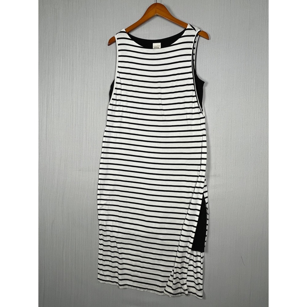 Chico's Knit Tank Dress Sz 1 Black White Stripe Sleeveless Layered‎ Casual Chic